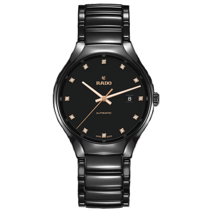 Rado R27056732 – Men's True Automatic Watch, 40mm Black High-Tech Ceramic Case & Bracelet, Diamond Markers, Rose Gold Hands, 80H Power Reserve, 50M WR