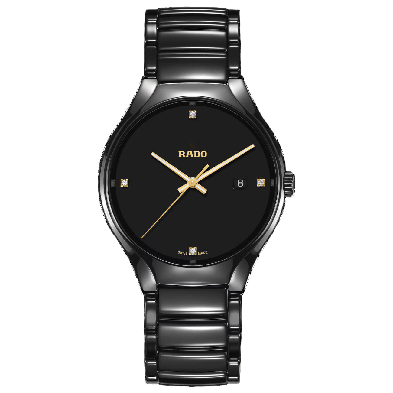 Rado True Black Dial Men's Watch R27238712 – 40mm Black Ceramic Case & Bracelet, Diamond Hour Markers, Luminous Gold Hands, Quartz Rado Calibre 115, 50M WR