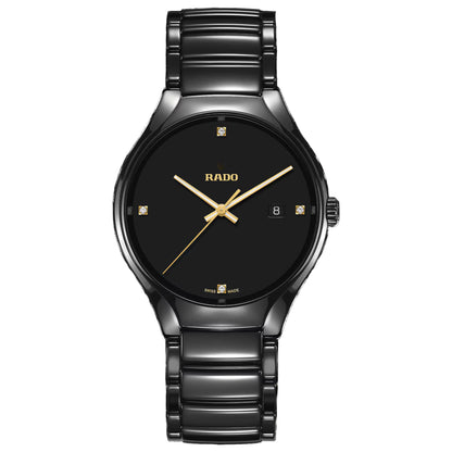 Rado True Black Dial Men's Watch R27238712 – 40mm Black Ceramic Case & Bracelet, Diamond Hour Markers, Luminous Gold Hands, Quartz Rado Calibre 115, 50M WR