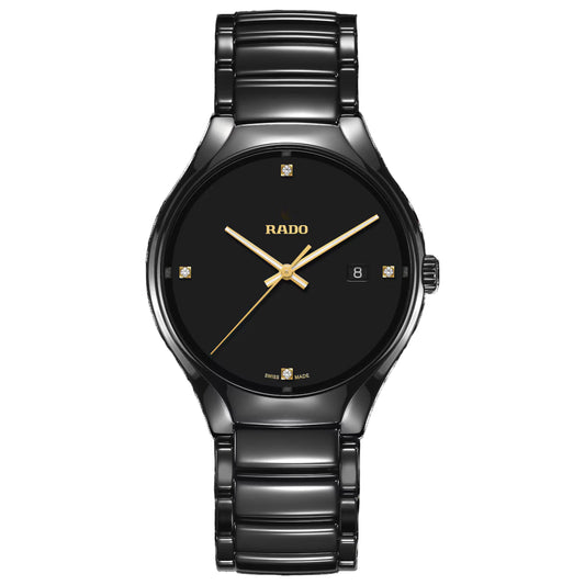 Rado True Black Dial Men's Watch R27238712 – 40mm Black Ceramic Case & Bracelet, Diamond Hour Markers, Luminous Gold Hands, Quartz Rado Calibre 115, 50M WR