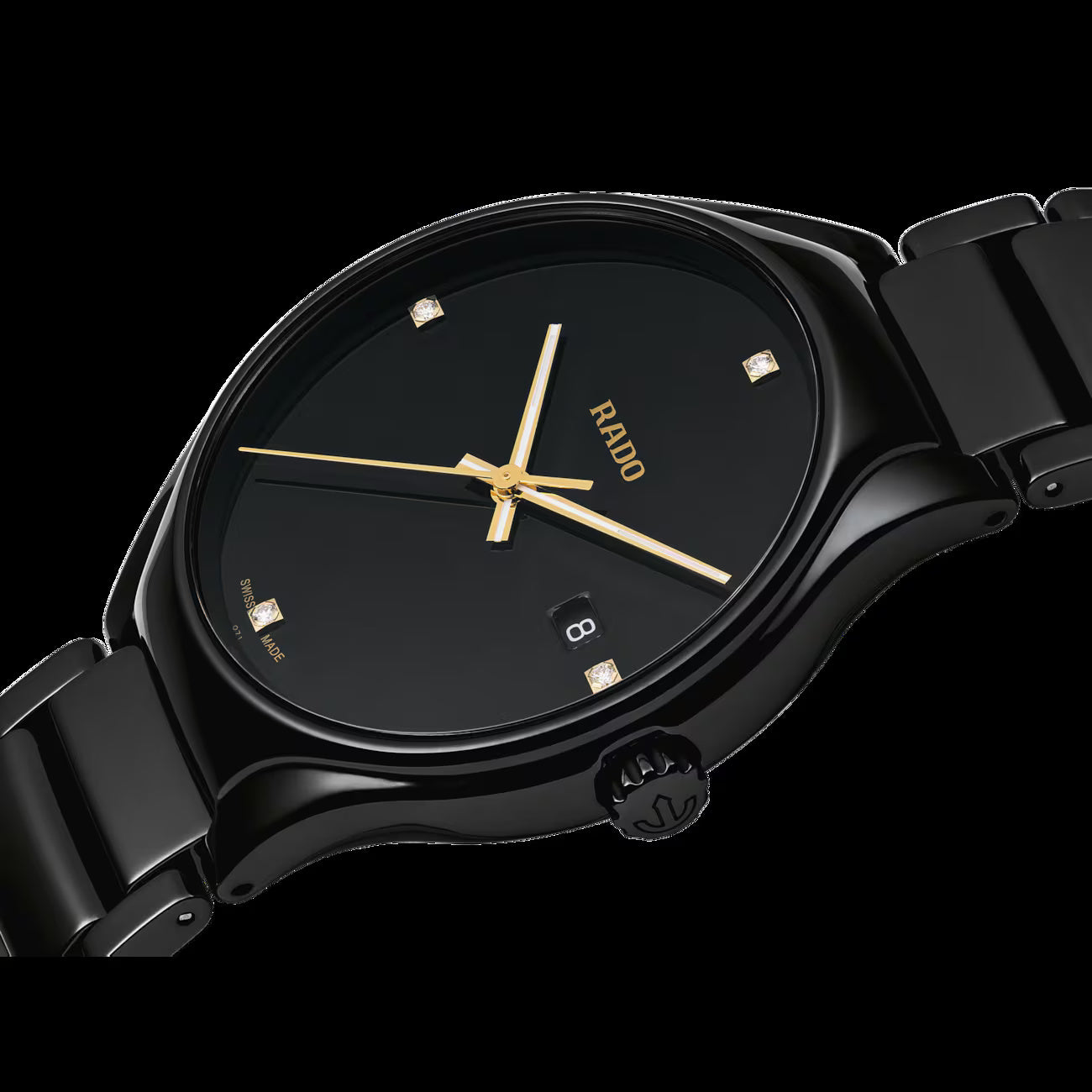 Rado True Black Dial Men's Watch R27238712 – 40mm Black Ceramic Case & Bracelet, Diamond Hour Markers, Luminous Gold Hands, Quartz Rado Calibre 115, 50M WR