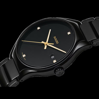 Rado True Black Dial Men's Watch R27238712 – 40mm Black Ceramic Case & Bracelet, Diamond Hour Markers, Luminous Gold Hands, Quartz Rado Calibre 115, 50M WR