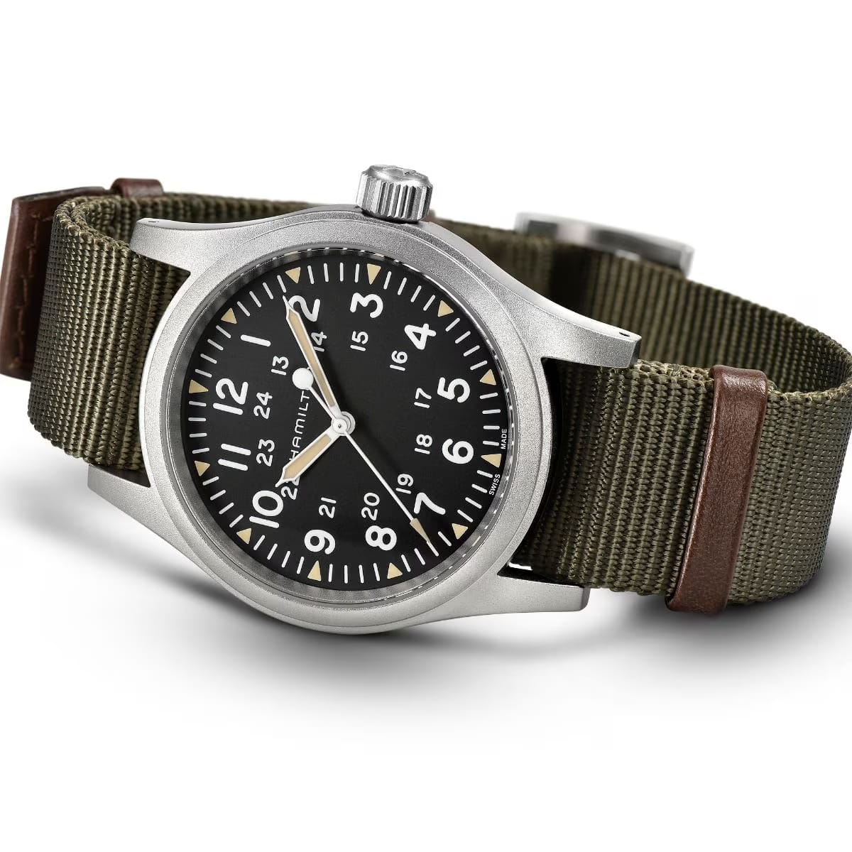 Hamilton Khaki Field Mechanical Black Dial 38mm Watch H69439931 – Green NATO Strap, Hand-Wound Calibre H-50, 80-Hour Power Reserve, 50M Water Resistance