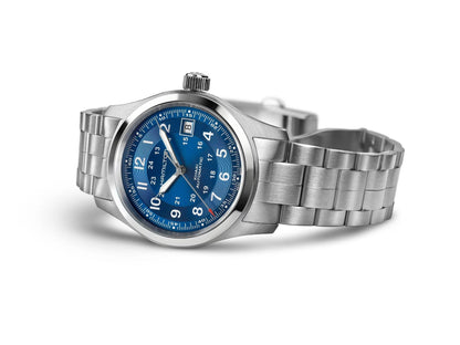 Hamilton Khaki Field Automatic Blue Dial 38mm Watch H70455140 – Stainless Steel Bracelet, Date Display, Calibre H-10, 80-Hour Power Reserve, 100M Water Resistance