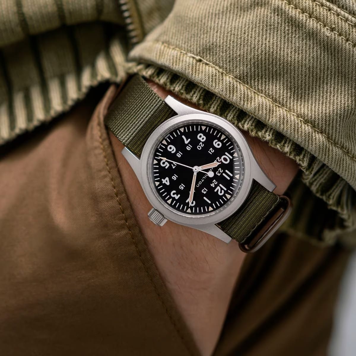 Hamilton Khaki Field Mechanical Black Dial 38mm Watch H69439931 – Green NATO Strap, Hand-Wound Calibre H-50, 80-Hour Power Reserve, 50M Water Resistance