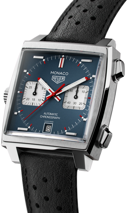 Tag Heuer Monaco CAW211P.FC6356 – Men's 39mm Square Stainless Steel Automatic Chronograph with 'Denim' Blue Dial & Black Leather Strap