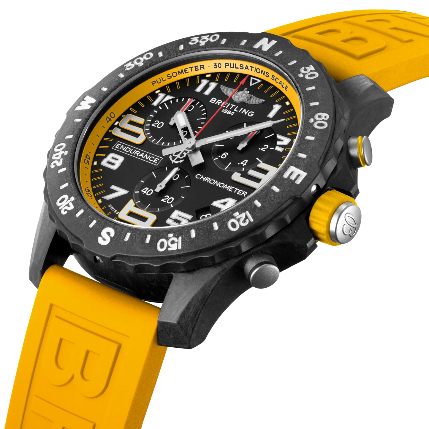 Breitling Endurance Pro X82310A41B1S1 – 44mm Men's Swiss Quartz Chronograph Watch with Black Dial, Yellow Rubber Strap & Lightweight Breitlight Case