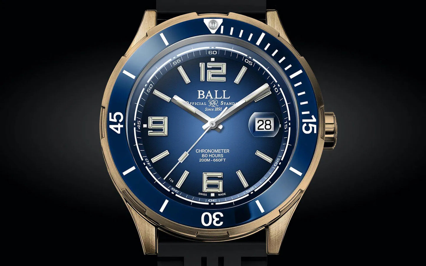 Ball Roadmaster DM3070B-P1CJ-BE – Women's 42mm Swiss Automatic Bronze Dive Watch with Blue Dial, Rubber Strap & 200M Water Resistance