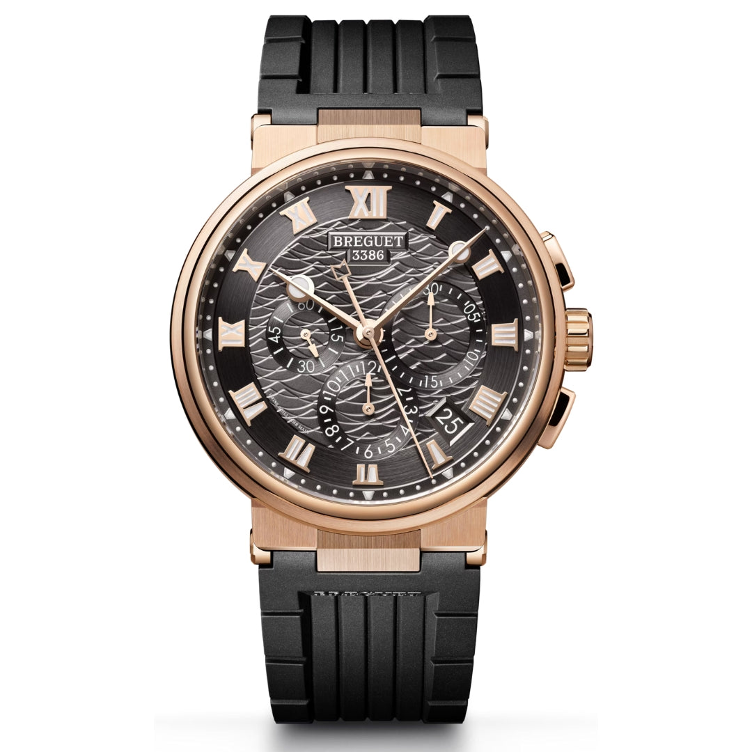 Breguet Marine Chronograph 5527BRG35WV Men’s 42mm Rose Gold Automatic Flyback Watch – Grey Dial, Rubber Strap