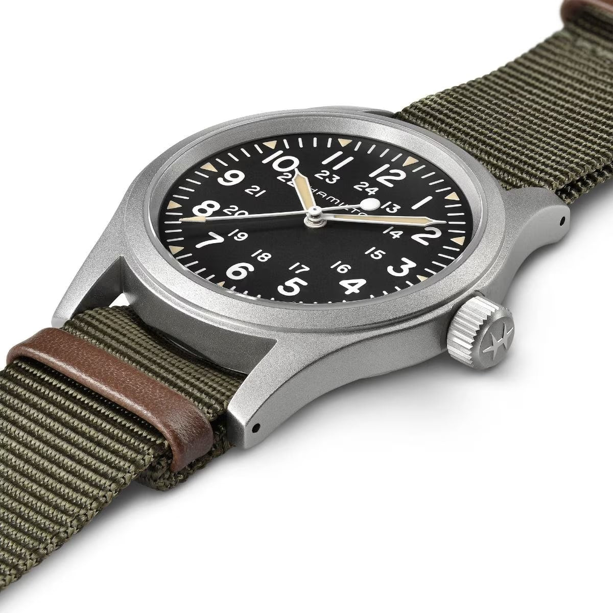Hamilton Khaki Field Mechanical Black Dial 38mm Watch H69439931 – Green NATO Strap, Hand-Wound Calibre H-50, 80-Hour Power Reserve, 50M Water Resistance