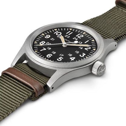 Hamilton Khaki Field Mechanical Black Dial 38mm Watch H69439931 – Green NATO Strap, Hand-Wound Calibre H-50, 80-Hour Power Reserve, 50M Water Resistance