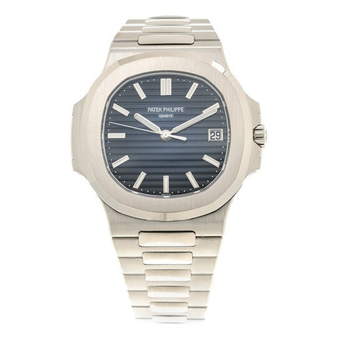 Patek Philippe watch with silver case and blue dial on a white background